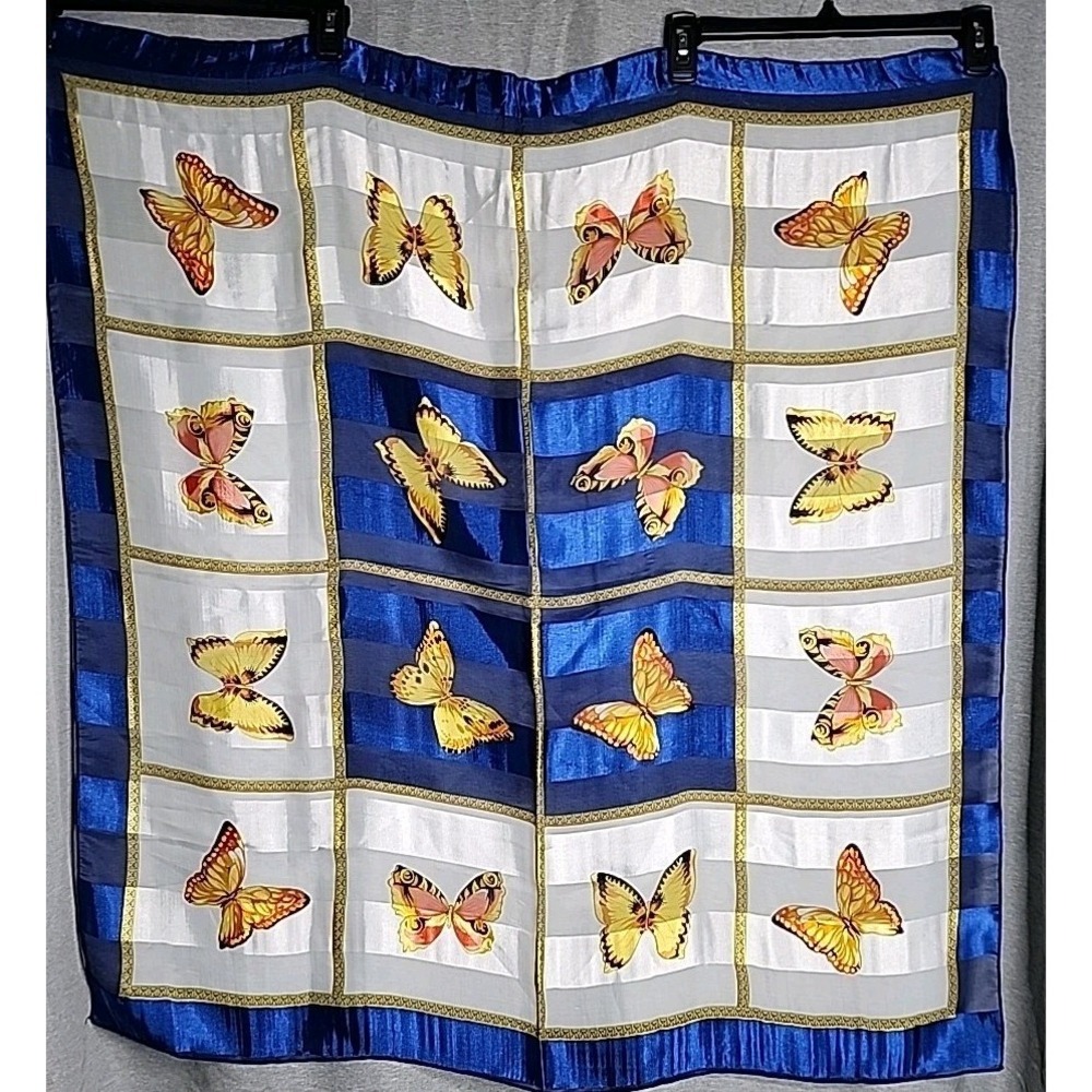 Butterfly Print Square Scarf Blue White Gold Chain Border Silk Feel Accessory